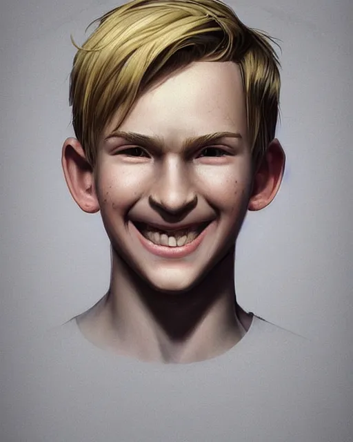 Prompt: portrait of 1 5 - year - old boy with blonde hair, round - face, smile with and slightly buck - toothed, hyper realistic face, beautiful eyes, character art, art by artgerm lau and wlop and and ilya kuvshinov and john singer sargent, hyperdetailed, symmetrical, cryengine, trending on artstation, digital art