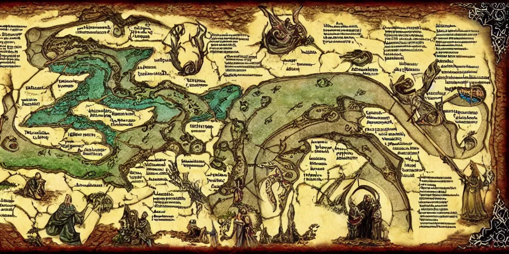 Image similar to insane ancient mystical instructional maps, elven secrets, full color,