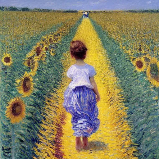 Prompt: a girl slowly walking through amazing tall sunflower field, her hair flowing down, subtle, intricate details, real masterpiece, impressionist painting, by gustave caillebotte