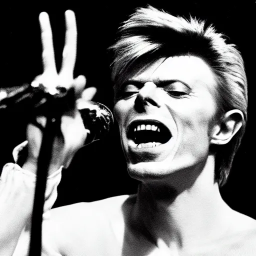 Image similar to david bowie singing into microphone wearing a clearly symbol yin - yang shirt, scene in space, avant - garde painting