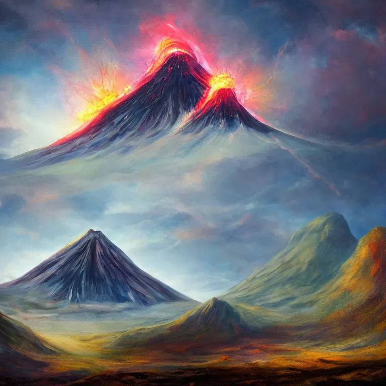 Image similar to a painting of a volcano from which come out flowers and stars exotic plants, all this happens in some kind of fantasy world, almost like in the sky or all in the amazing outdoors view, long exposure, 8 k resolution, trending on artstation