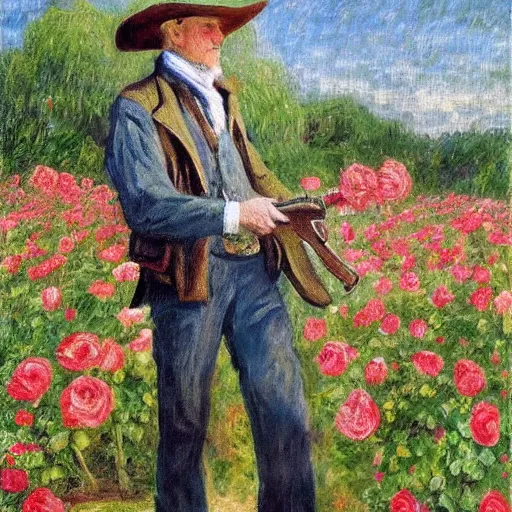 Image similar to an impressionist painting of a tall older man standing in a field of roses with blue eyes that is wearing a wide brim hat and a leather vest with a blue shirt. He is holding a revolver in his left hand and a rose is in his right hand.