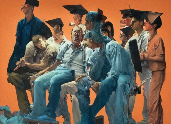 Prompt: a still from the movie one flew over the cuckoo's nest by francis bacon and norman rockwell and james jean, and mark brooks, triadic color scheme, by greg rutkowski, syd mead and edward hopper and norman rockwell and beksinski, dark surrealism, orange and turquoise