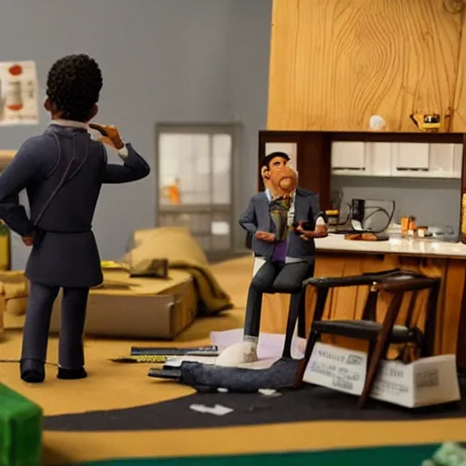 Prompt: a award winning closeup photo of a stopmotion animation filming set of brooklyn nine - nine