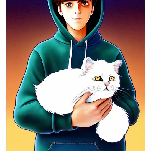 Image similar to teen boy with brown hair and big blue eyes, wearing a hoodie, holding a fluffy white persian cat, natural lighting, path traced, highly detailed, high quality, cartoon, digital painting, by don bluth and ross tran and studio ghibli and alphonse mucha, watercolor background