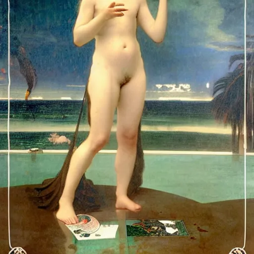 Image similar to Girl with a blood dripping chalice at the palace, thunderstorm, pool, beach and palm trees on the background major arcana sky, by paul delaroche, alphonse mucha and arnold böcklin arnold böcklin hyperrealistic 8k, very detailed