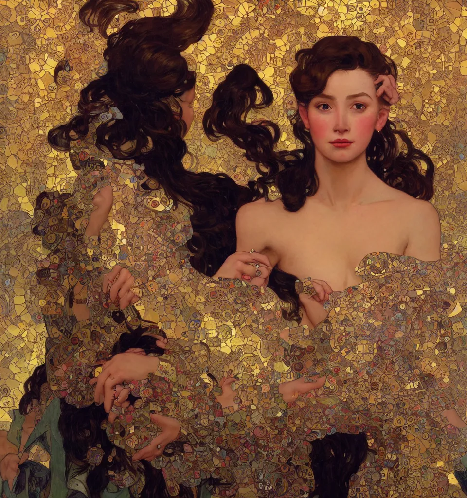 Image similar to modern woman | hyperrealistic | feminist | digital painting | trending on artstation | pinup portrait | clean | illustration | dressed | unreal engine 5 | 8 k resolution | by greg rutkowski alphonse mucha gustav klimt and mel ramos