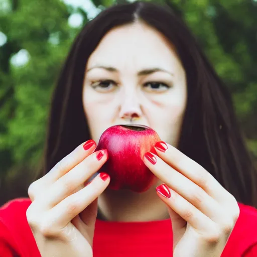 Prompt: a woman with red nails clutching a black apple, 3 5 mm macro photograph