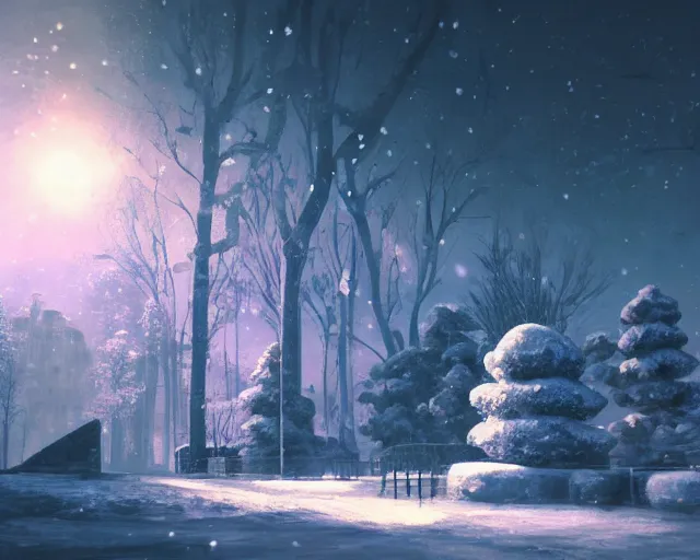 Image similar to scenery artwork, scene beautiful, light!! light essential cozy winter snow world snowy, surrealism oil on canvas, artstation!! pixiv!! dream scenery, quality astral projection render, nier automata concept art, vaporwave textures