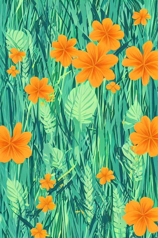 Prompt: moody vector illustration of tropical flowers and green reeds, multiple cohesive colors ranging from warm blues to bright oranges on a ((very dark background)), 4K resolution