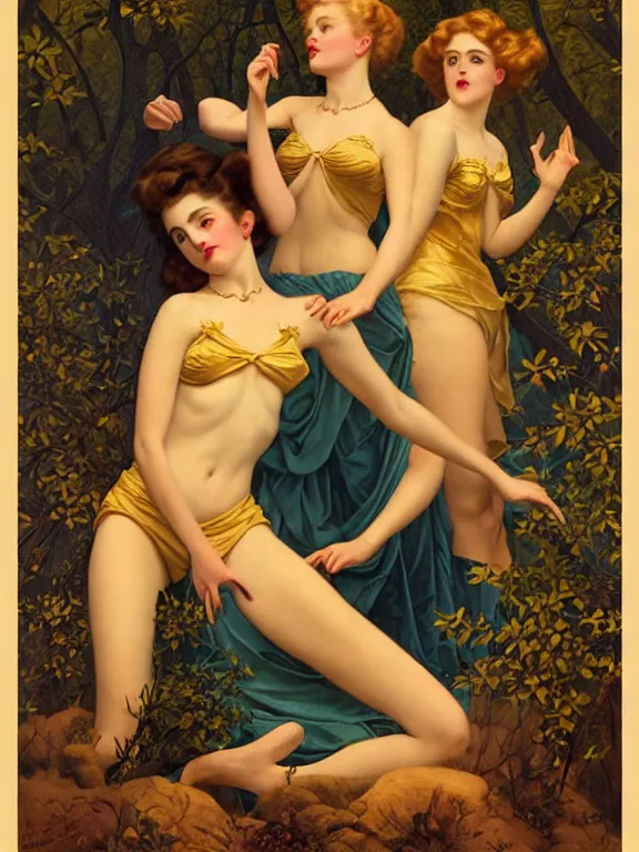 Image similar to Kiernan shipka as the three graces, a beautiful art nouveau portrait by Gil Elvgren and Gerald Brom, Moonlit forest environment bonfire, centered composition, defined features, golden ratio, golden jewelry