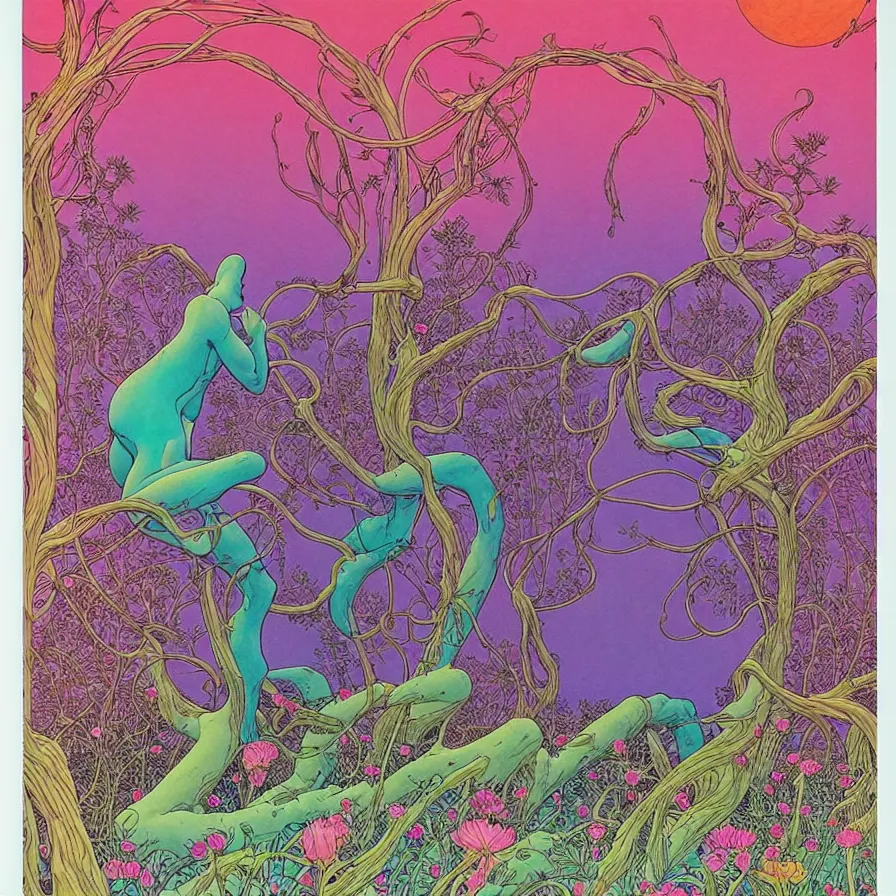 Image similar to ( ( ( ( beautiful strange forest and flowers surrounded by decorative frame ) ) ) ) by mœbius!!!!!!!!!!!!!!!!!!!!!!!!!!!, overdetailed art, colorful, record jacket