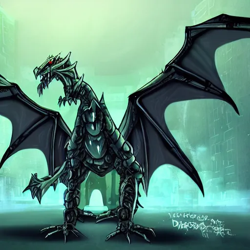 Image similar to cyber dragon as a monster, art style, scary atmosphere, nightmare - like dream