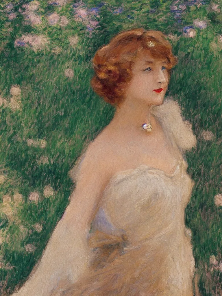 Image similar to portrait of < zelda fitzgerald > as a beautiful young lady wearing 1 9 2 0 s fashion, blurry face, brown hair, slim, fair, severe out of focus, depth of field, pleinairism, in the sun, backlit, closeup, oil on canvas, atr by monet, in the style of le promenade, smooth, impressionnisme, 8 k