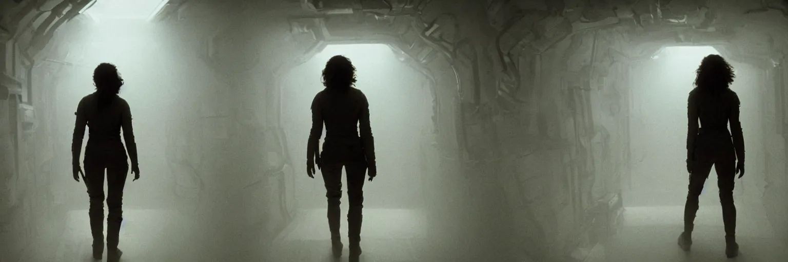 Image similar to ripley female protagonist walking through a tight corridor in the movie alien, explosed tubes, mysterious atmospheric lighting, matte painting, intricate, iridescent, volumetric lighting, beautiful, rich deep colours masterpiece, fog golden hour, golden ratio, sharp focus, ultra detailed, by leesha hannigan, ross tran, thierry doizon, kai carpenter, ignacio fernandez rios