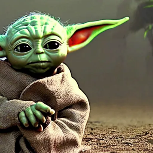 Prompt: a film still of baby yoda grown up and he is dying in battle in star wars realistic, detailed