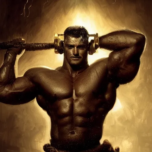 Image similar to handsome portrait of a spartan guy bodybuilder posing, radiant light, caustics, war hero, translucent rainstorm, steel bull run, by gaston bussiere, bayard wu, greg rutkowski, giger, maxim verehin