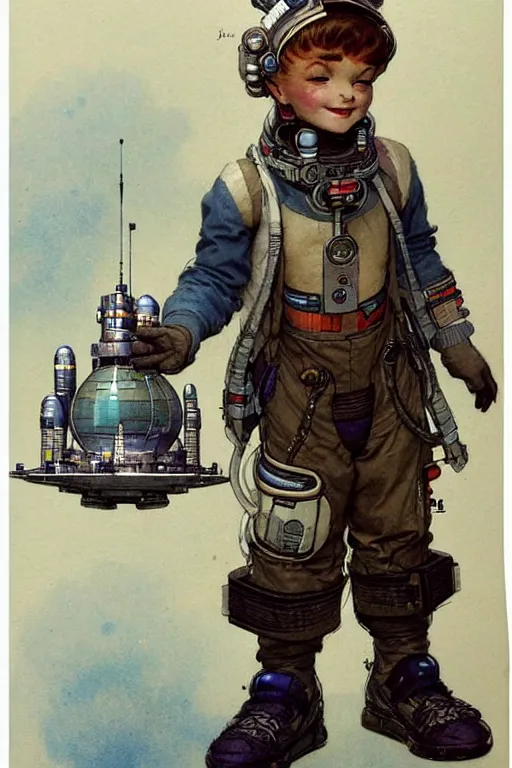 Image similar to ( ( ( ( ( 2 0 5 0 s retro future 1 0 year boy old super scientest in space pirate mechanics costume. muted colors. childrens book, tom lovell ) ) ) ) ) by jean - baptiste monge,!!!!!!!!!!!!!!!!