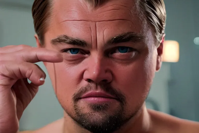 Image similar to close-up of Leonardo DiCaprio as a drug addict in abstinence in the new movie directed by Gaspar Noé, movie still frame, promotional image, symmetrical shot, idiosyncratic, relentlessly detailed, limited colour palette