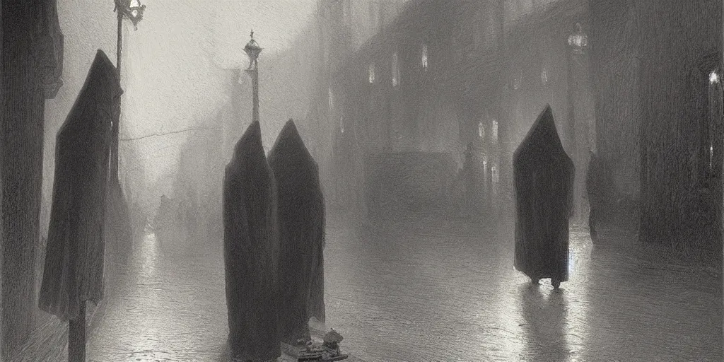 Image similar to a cloaked man dragging a black wooden coffin down the street by a chain lit only by gas lamps by john howe and henry ossawa tanner, trending on artstation, hyperrealism, highly detailed, art gallery, museum piece