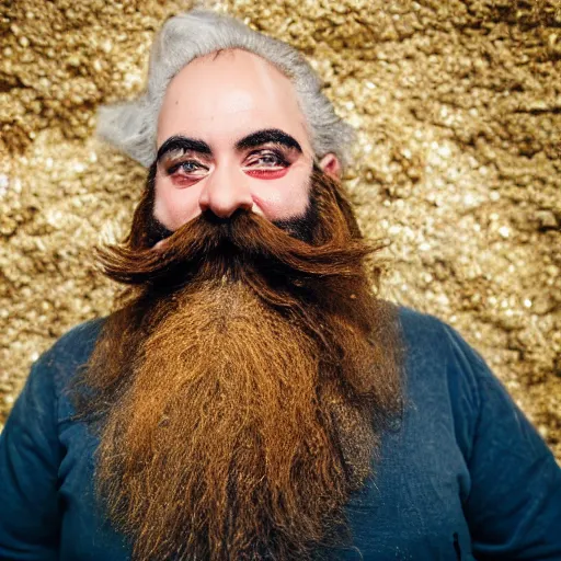 Prompt: an artificer dwarf muppet with a big beard and an obsession for gold and gems who loves to sleep on rocky terrain, sesame street, photograph, photography, ultrarealistic, national geographic