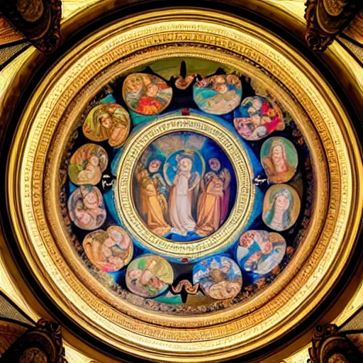 Image similar to photo of an ornated circular ceiling, full of paintings of angels, centered symmetrical highly detailed