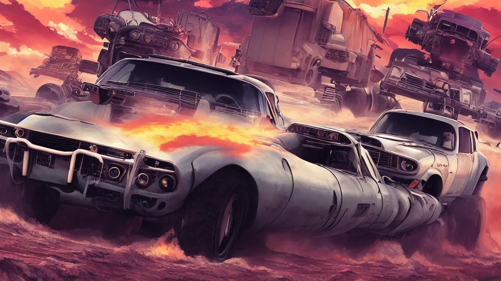 Image similar to anime illustration of mad max's fj 4 0 pursuit special, the last v 8 interceptor driving down to the gates of valhalla highway, riding fury road eternal shiny and chrome, world of fire and blood, by makoto shinkai, ilya kuvshinov, lois van baarle, rossdraws, basquiat, global illumination ray tracing hdr