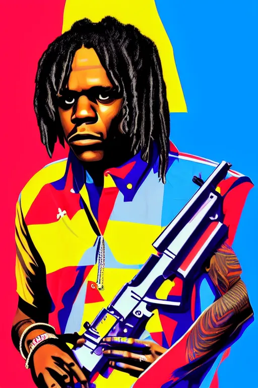 Image similar to chief keef with riffle, gta vice city style art, pop art, no duplicate image, glowing lights, ultra details, ultra realistic, digital painting, artstation, concept art, smooth, sharp focus, illustration, intecrate details, art by richard hamilton and mimmo rottela, pixels art by kirokaze and paul robertson