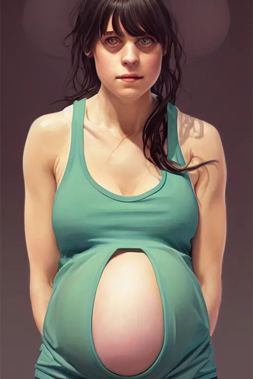 Image similar to pregnant zooey channel in a tight gym tank top, realistic portrait, symmetrical, highly detailed, digital painting, artstation, concept art, smooth, sharp focus, illustration, cinematic lighting, art by artgerm and greg rutkowski and alphonse mucha