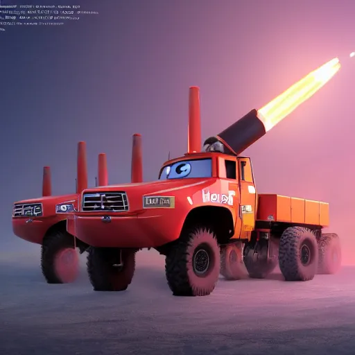 Prompt: HIMARS multiple rockets launch system, Pixar Cars character concept artwork, 3d concept, high detail iconic character, 8k octane render, movie poster