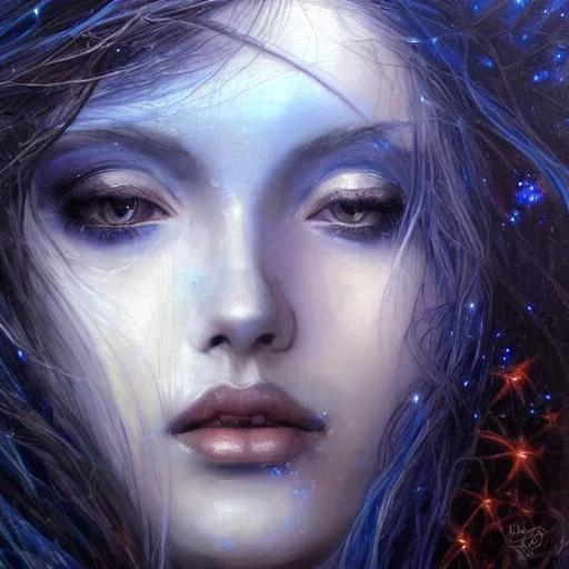 Prompt: masterpiece goddess of sorrow, realistic portrait, 3 0 years woman, melancholic face, long hair, digital painting by louis royo and julie bell, dark tenebrous blue background, cinematic light, aura effect, some chaotic sparkles, wind, unreal engine, artstation, deviantart, pinterest, darker