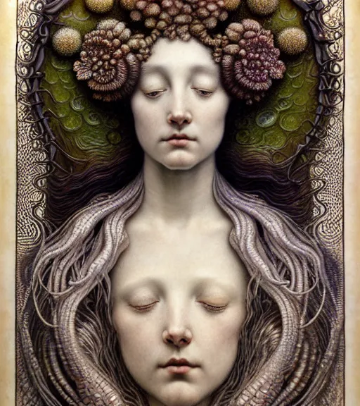 Prompt: detailed realistic beautiful fungi goddess face portrait by jean delville, gustave dore, iris van herpen and marco mazzoni, art forms of nature by ernst haeckel, art nouveau, symbolist, visionary, gothic, neo - gothic, pre - raphaelite, fractal lace, intricate alien botanicals, ai biodiversity, surreality, hyperdetailed ultrasharp octane render