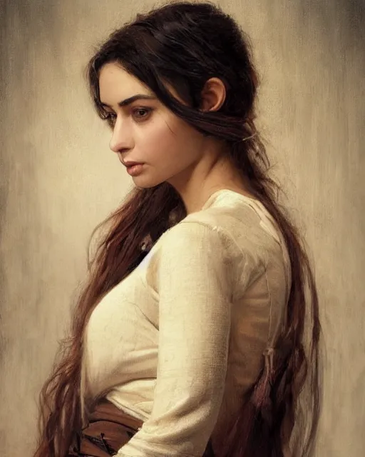 Image similar to a highly realistic, true to life portrait of a beautiful young middle eastern girl, soft focus, from the waist up, with sharp features, a beautiful face, soft smile, under studio lighting, taken with a canon eos camera with 1 3 5 mm focal length, art by karol bak, james jean, tom bagshaw, trending on artstation,