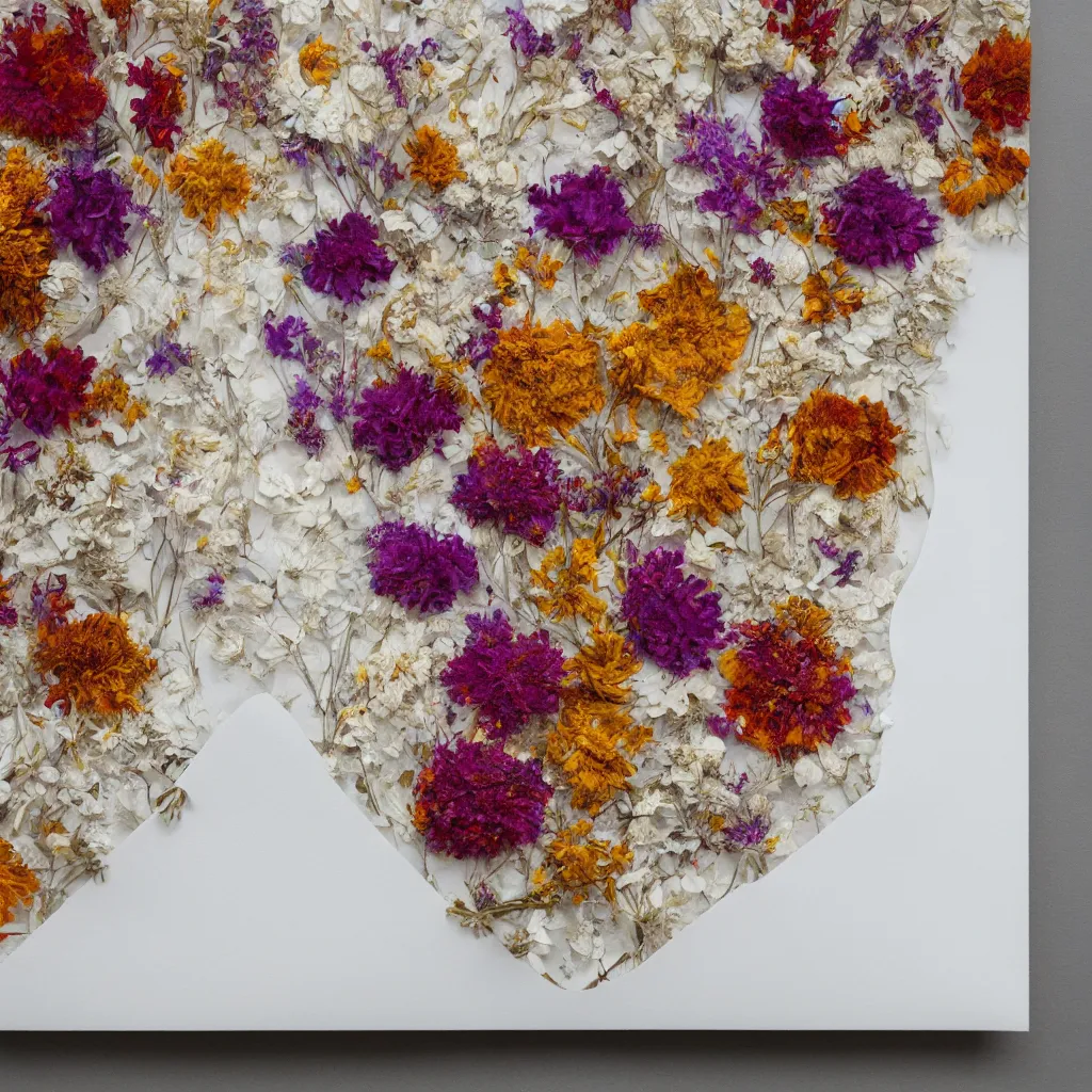 Prompt: aesthetic layout of dried flower in the open white vinyl envelope, vintage, tender, mild colours, oil on canvas