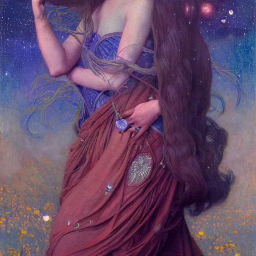 Image similar to queen of the moon with stars in her hair, by annie swynnerton and tino rodriguez and nicholas roerich and jean delville and donato giancola and tom bagshaw, dramatic lighting, floral tattoos, rich colors, smooth sharp focus, extremely detailed, adolf wolfli