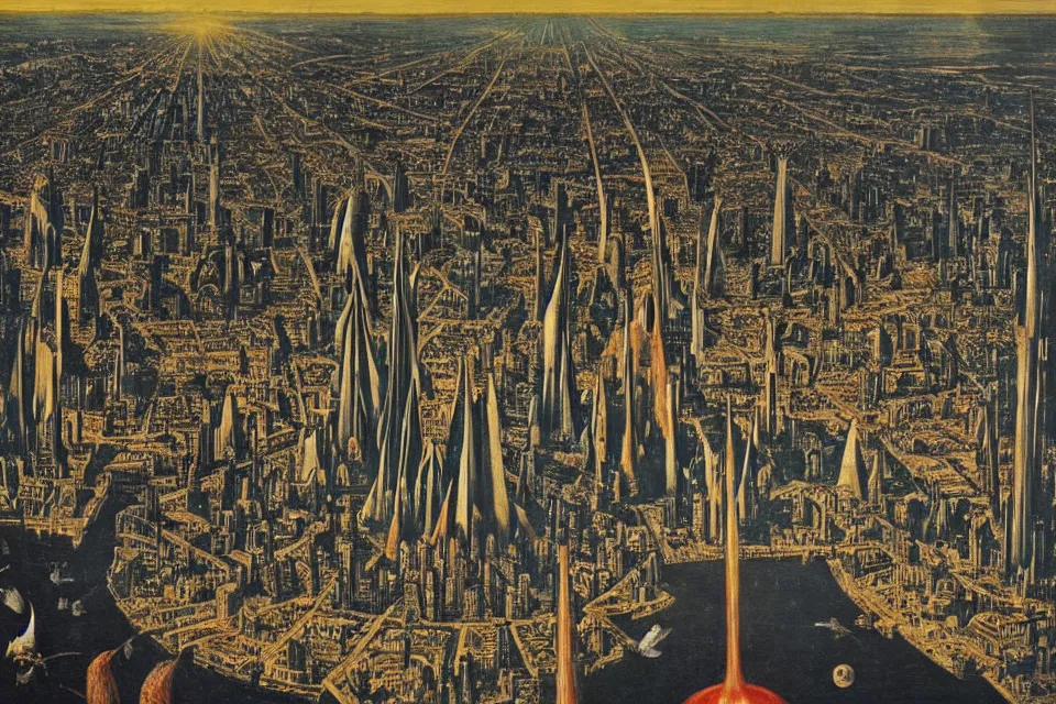Image similar to Sauron's Eye looming over Cities all over the world 1945, renaissance painting, award-winning.