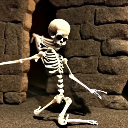 Image similar to skeleton character does his victory dance in the dungeon, claymation, stop motion, dimly lit, highly detailed