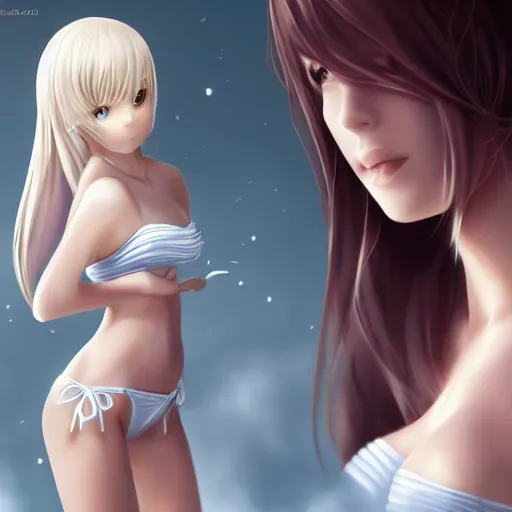 Image similar to tiny father a tall daughter picture : a very beautiful young blond anime girl, sky blue eyes, bikini, white miniskirt, highly detailed, cinematic wallpaper by stanley artgerm lau
