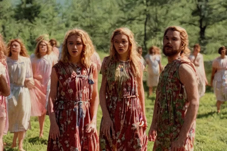 Image similar to vhs 1 9 8 0 s cinema footage of a scene from the movie midsommar directed by ari aster, film grain