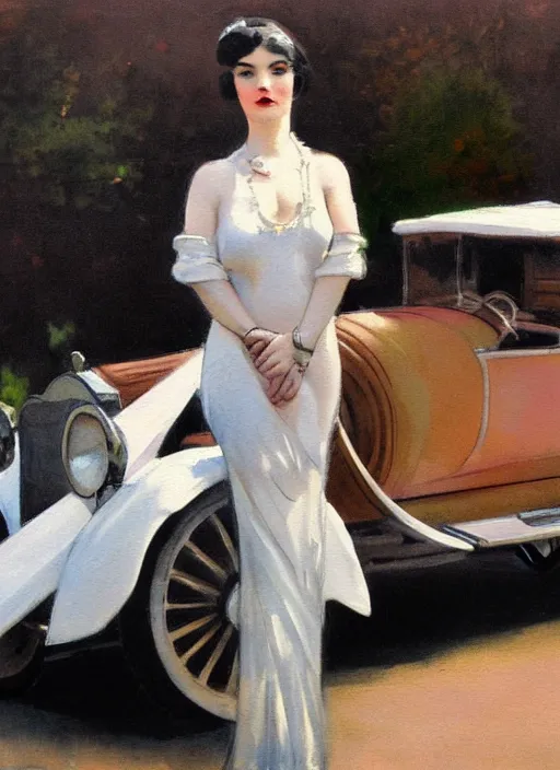 Image similar to a painting of a woman posing in front of a 1920's car by Louis Icart, highly detailed, masterpiece, trending on ArtStation, ultra realistic