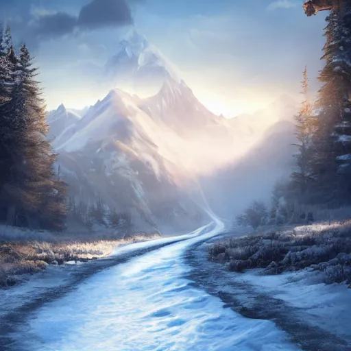 Prompt: crossroad leading into distant snowy mountain, lush fantasy landscape, artstation, photorealistic