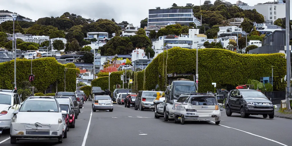 Prompt: a street in wellington new zealand where multiple buildings are covered in living walls made of endemic new zealand epiphyte species. patrick blanc. people walking on street. cars parked. windy day. 2 5 0 meter high hills in distance