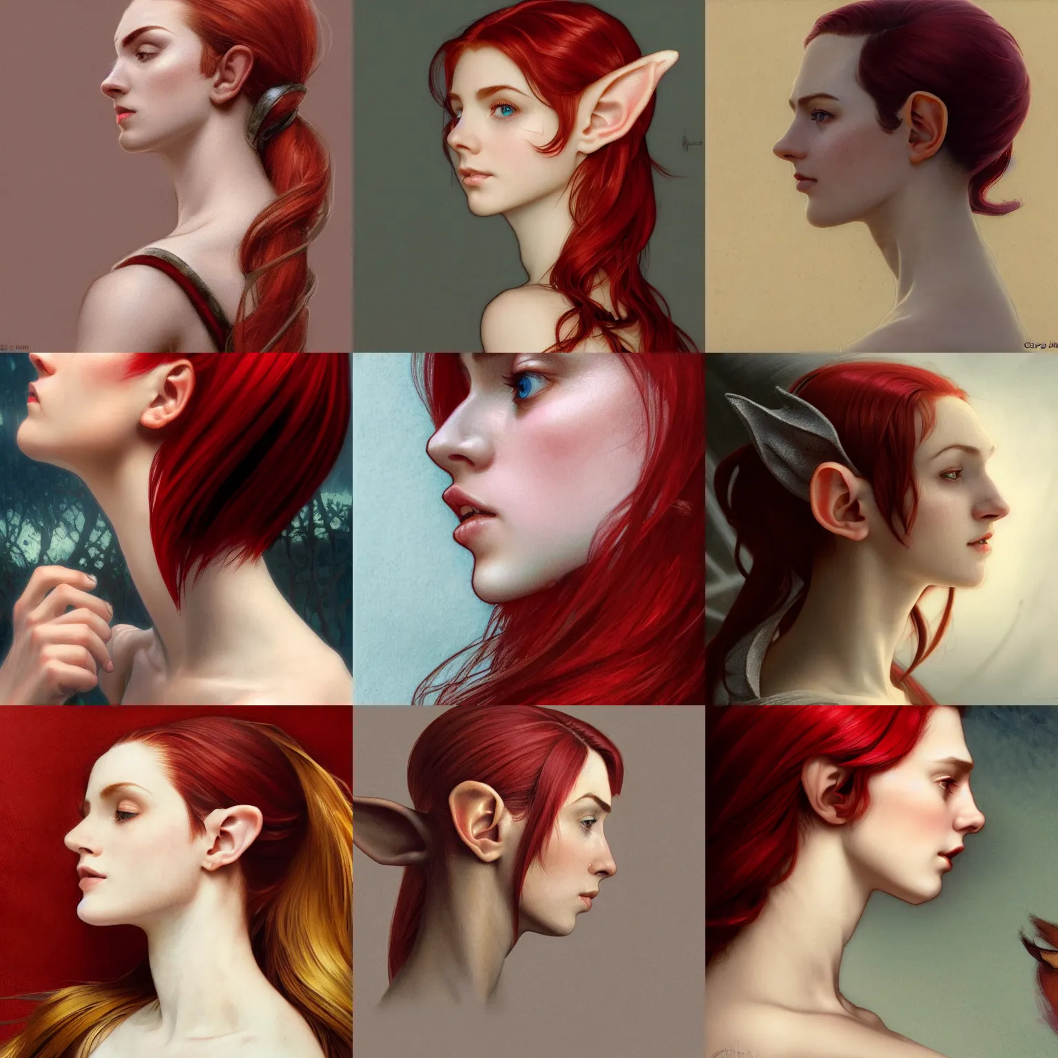 Prompt: profile (side-view) portrait of very beautiful elf, headshot, looking up, hyper realistic, pale skin, bright red hair, 4k, rule of thirds, extreme detail, detailed drawing, trending artstation, hd, fantasy, D&D, realistic lighting, by Alphonse Mucha, Greg Rutkowski, sharp focus, backlit, elegant