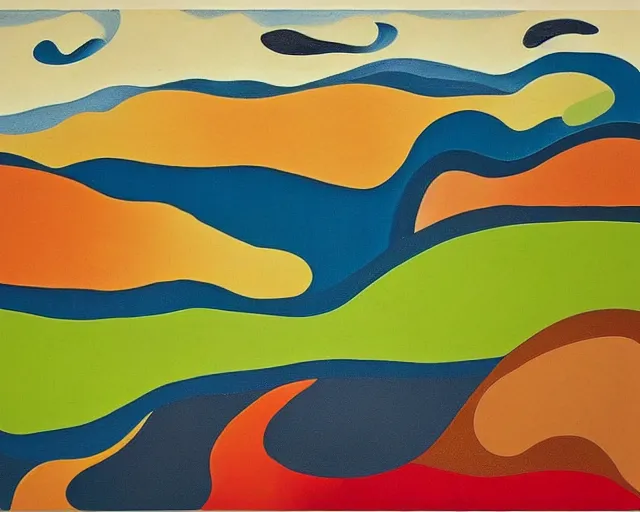 Prompt: A wild, insane, modernist landscape painting. Wild energy patterns rippling in all directions. Curves, organic, zig-zags. Saturated color. Mountains. Clouds. Rushing water. Wayne Thiebaud. Tarsila do Amaral. Zao Wou-ki.