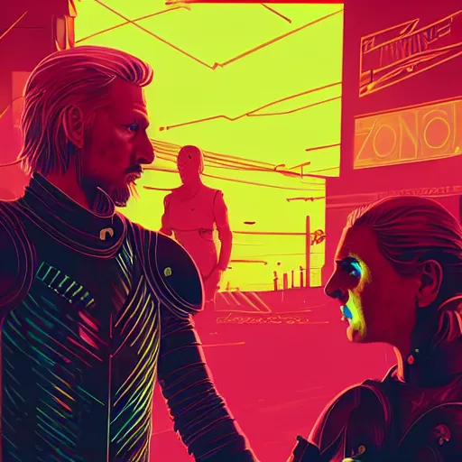 Image similar to jaime lannister and brienne of tarth fighting against a horde of neon zombies, cyberpunk art by james gilleard, cgsociety, retrofuturism, synthwave, retrowave, outrun