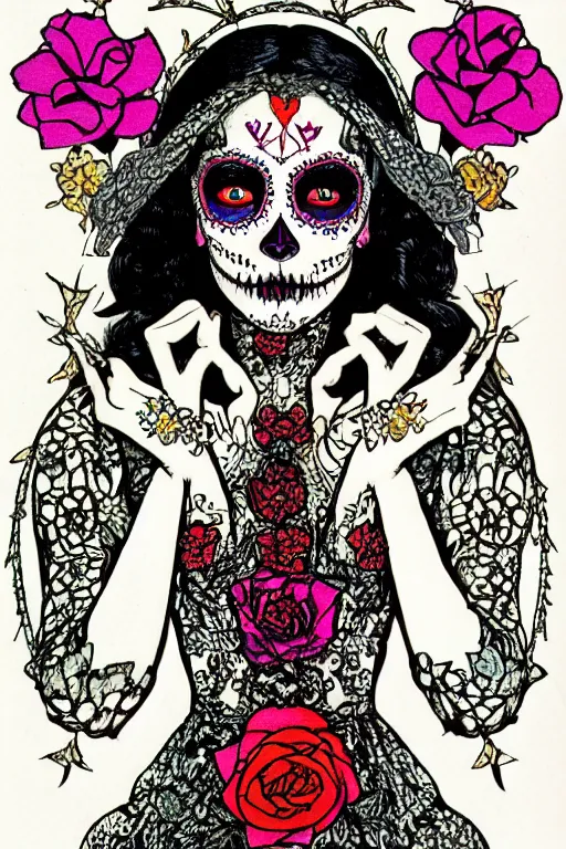 Image similar to Illustration of a sugar skull day of the dead girl, art by harry clarke