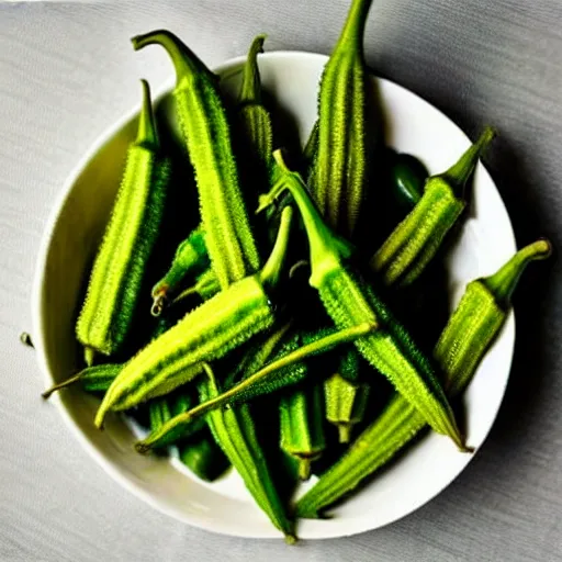 Prompt: a dish of okra veg with green stalky ( ( green oprah winfrey's face ) ), oprah okra winfrey sentient veg