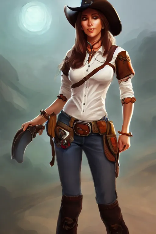 Image similar to full body, female cowgirl, perfect face, white blouse, holster, 8 k, magic the gathering, desert, d & d, artstation, high detail, smooth, sweaty