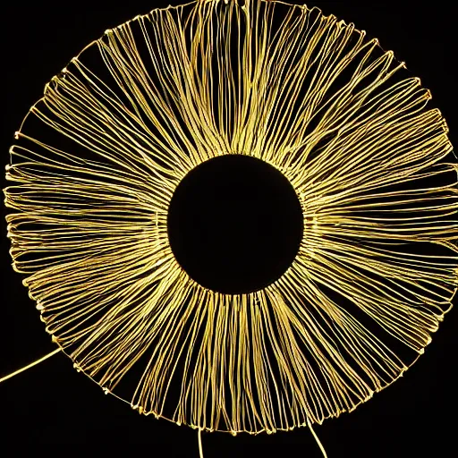 Prompt: a gigantic glowing golden wire sculpture of a flower, in a nebulous black sky