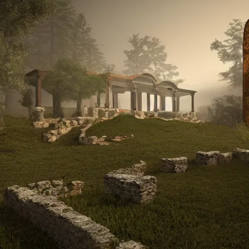 Image similar to A beautiful roman villa on a foggy forest mountain, 3d rendered, digital art, artstation, 4k